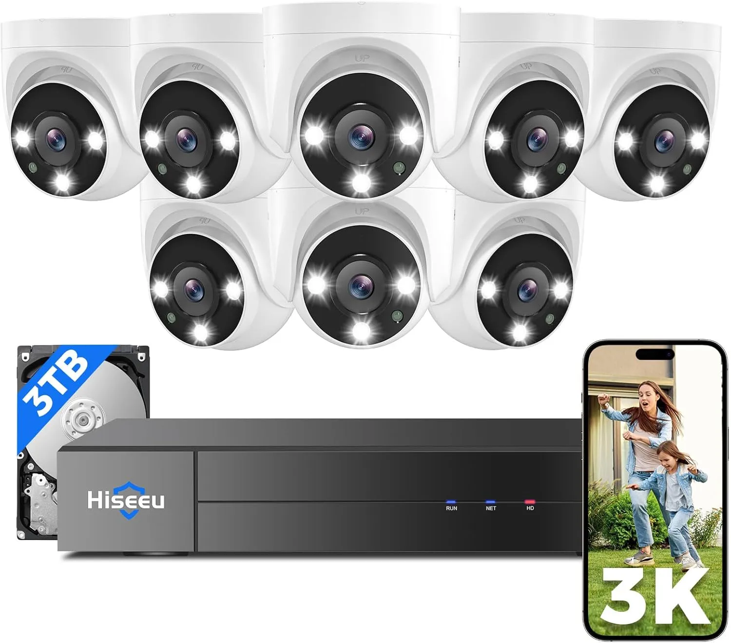 [121°Wide View 3K HD] Hiseeu 3K Wired Security Camera System with Audio,8PCS 5MP Security Cameras,Alarm Spotlight,Human Vehicle Detect,No Monthly Fee,3TB HDD for Outdoor Home Surveillance DVR Kit