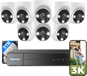 [121°Wide View 3K HD] Hiseeu 3K Wired Security Camera System with Audio,8PCS 5MP Security Cameras,Alarm Spotlight,Human Vehicle Detect,No Monthly Fee,3TB HDD for Outdoor Home Surveillance DVR Kit