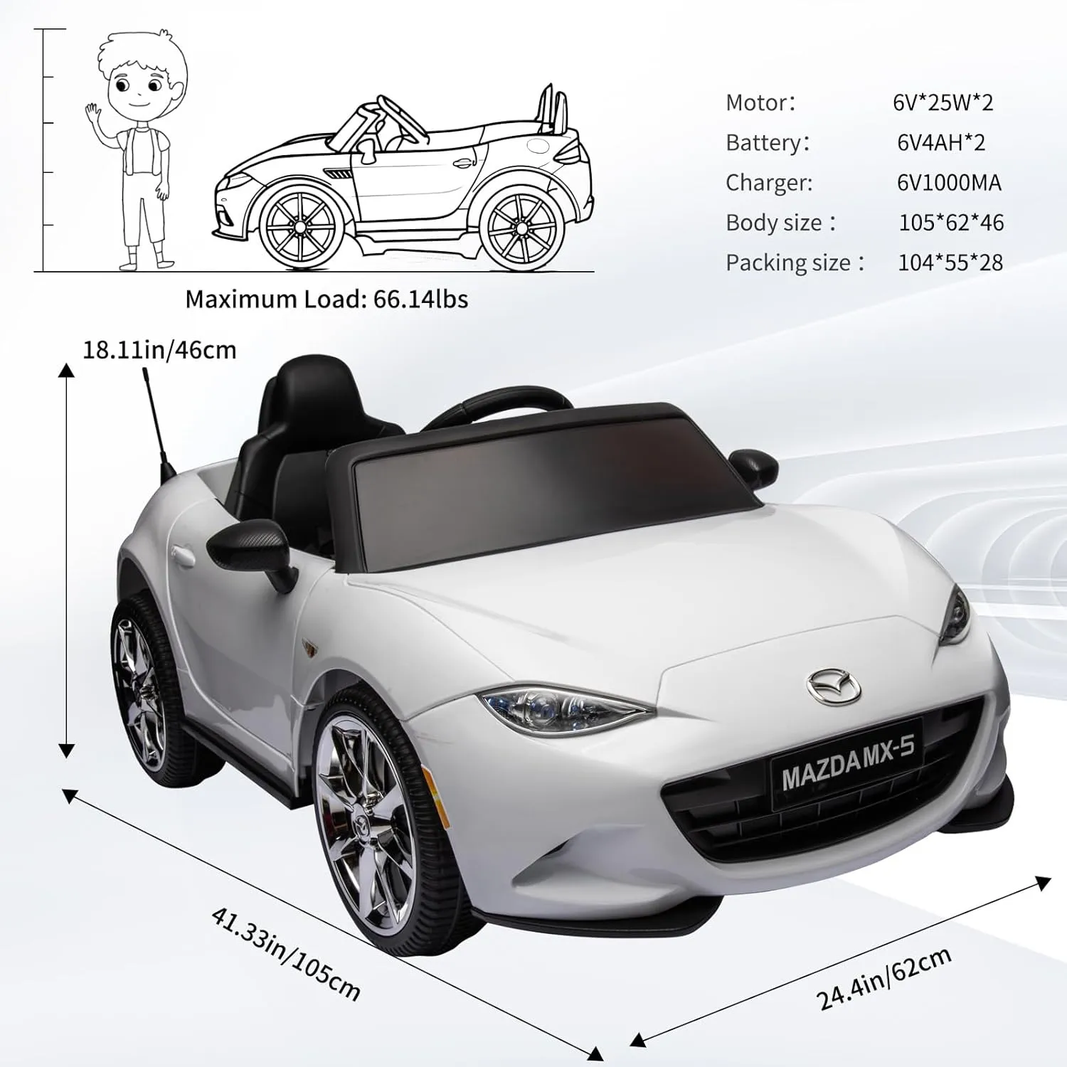 12V Mazda MX-5 Kids Electric Car-Kids Car to Drive with Parent Remote Control, Shock Absorption & Swing Mode,Licensed Ride-On Toy for Ages 3-8(White)