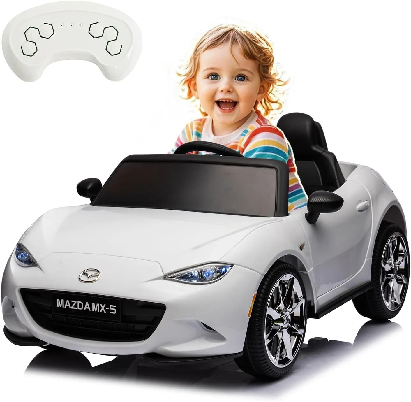 12V Mazda MX-5 Kids Electric Car-Kids Car to Drive with Parent Remote Control, Shock Absorption & Swing Mode,Licensed Ride-On Toy for Ages 3-8(White)