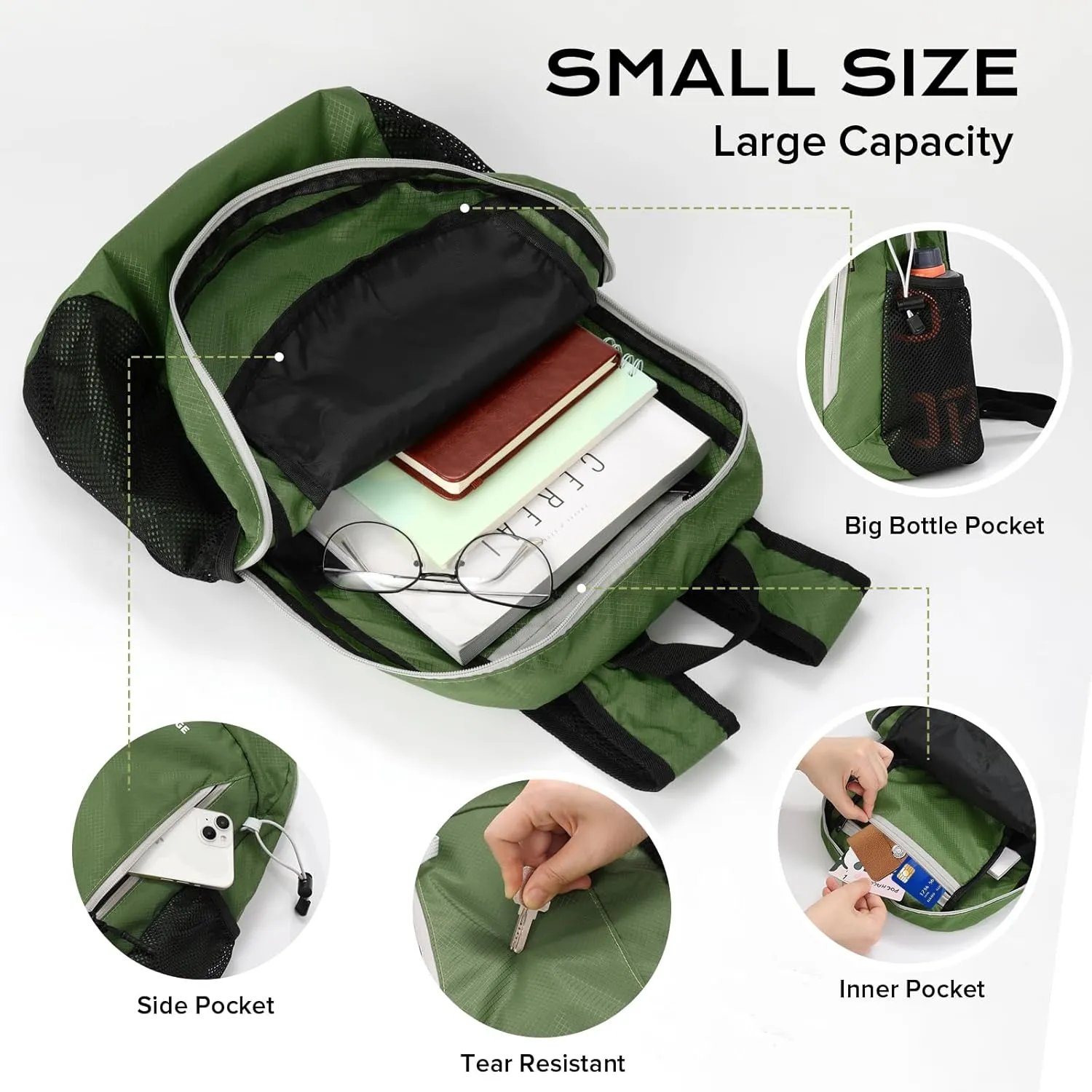 15L Water-resistant Hiking Daypack, Small Backpack Travel Outdoor, Lightweight Day Pack with Tool Loops