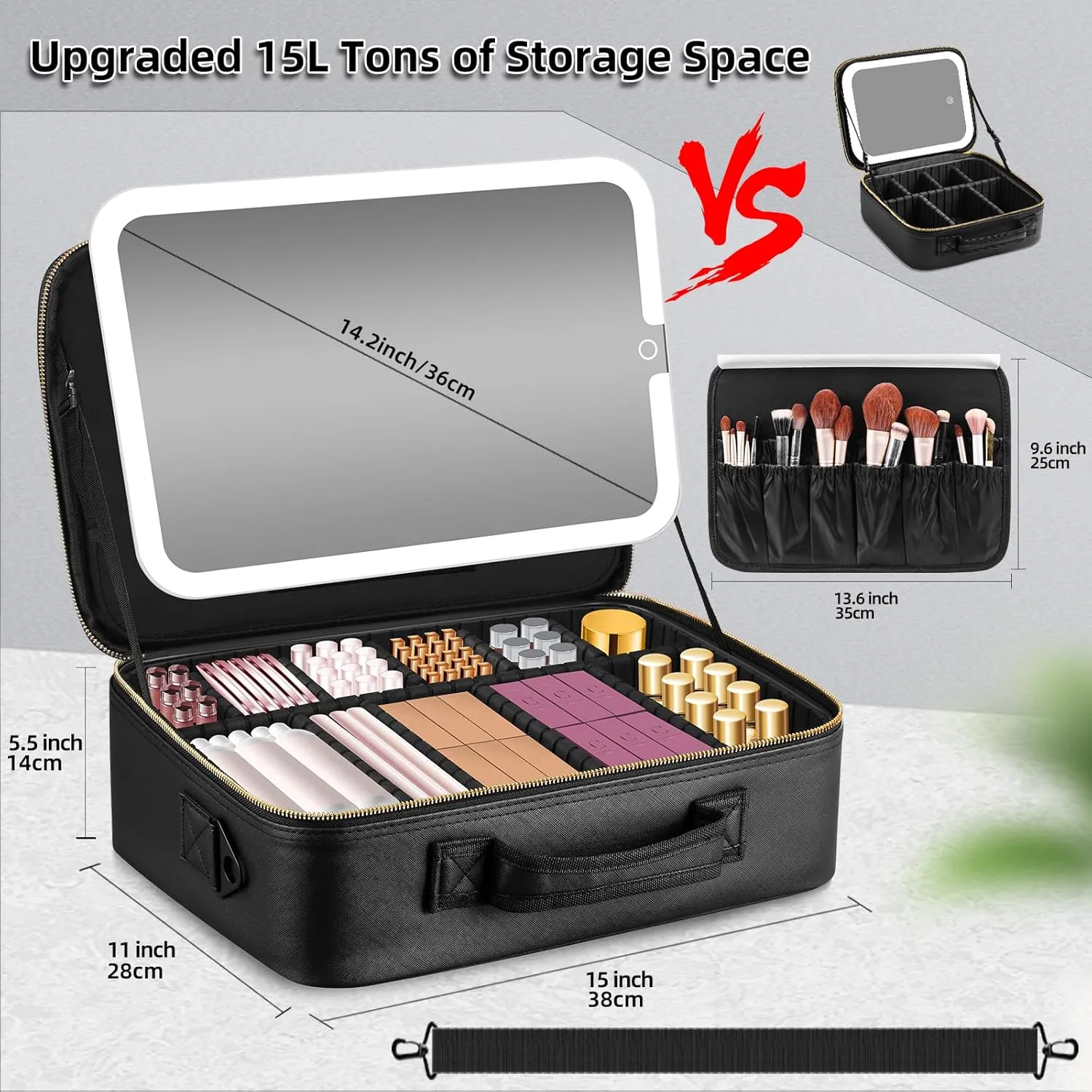 15''X11'' Large Makeup Bag with Removable Lighted Mirror, Professional Travel Makeup Train Case PU Leather Cosmetic Make up Organizer with Adjustable Dividers & Brush Storage Board
