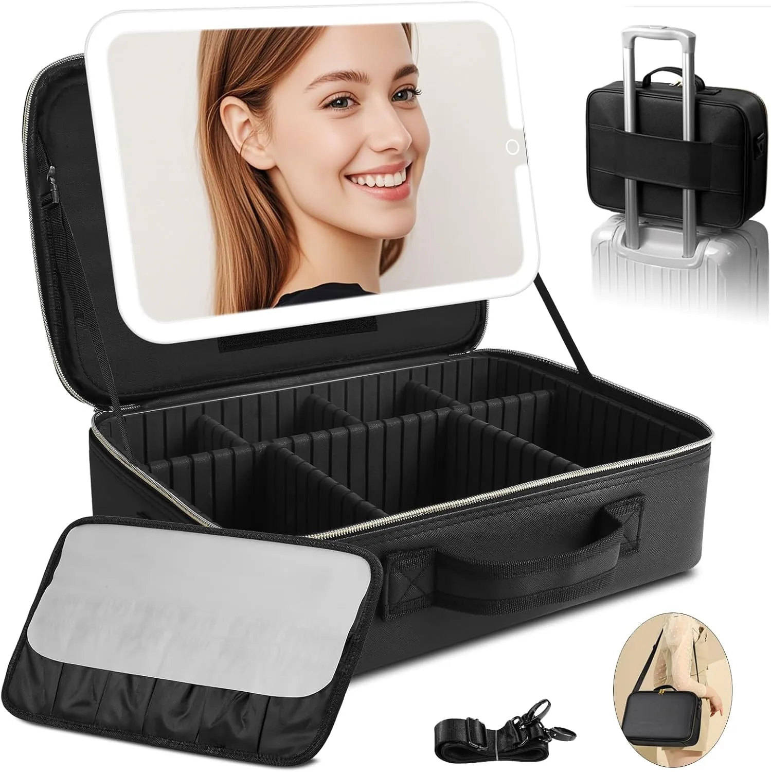 15''X11'' Large Makeup Bag with Removable Lighted Mirror, Professional Travel Makeup Train Case PU Leather Cosmetic Make up Organizer with Adjustable Dividers & Brush Storage Board