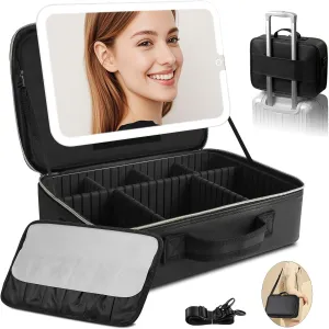 15''X11'' Large Makeup Bag with Removable Lighted Mirror, Professional Travel Makeup Train Case PU Leather Cosmetic Make up Organizer with Adjustable Dividers & Brush Storage Board