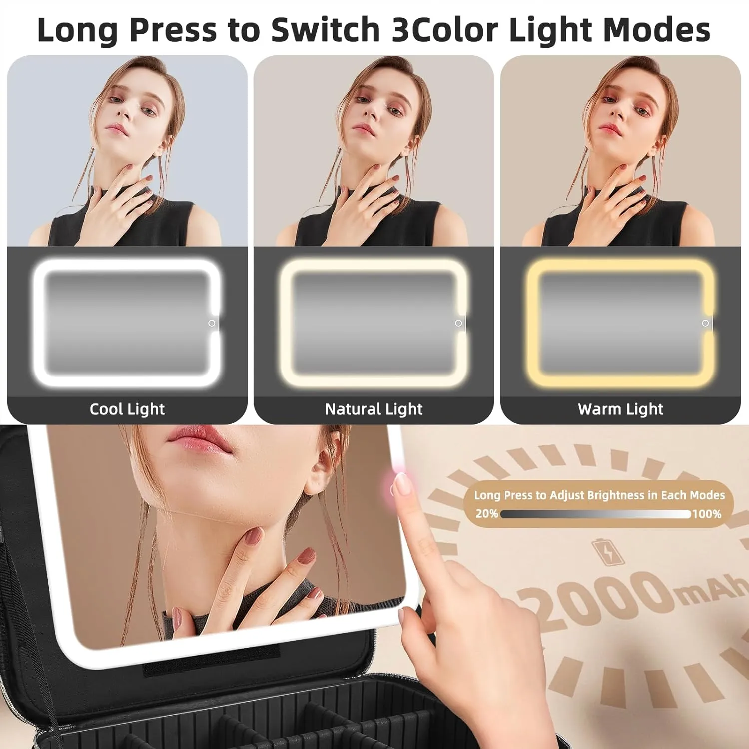 15''X11'' Large Makeup Bag with Removable Lighted Mirror, Professional Travel Makeup Train Case PU Leather Cosmetic Make up Organizer with Adjustable Dividers & Brush Storage Board
