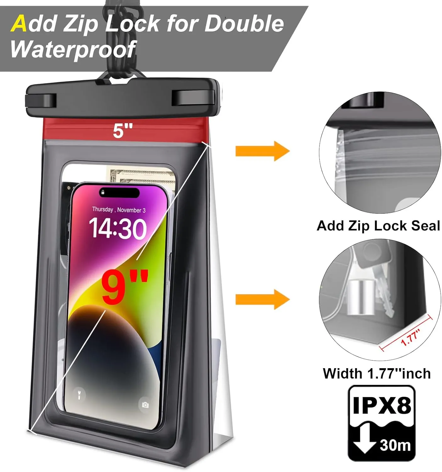 2 Pack Waterproof Pouch Floating with Sealing Strip, 9'' Large Cell Phone Dry Protector Case for iPhone 15 14 13 12 11 Pro Max Plus Samsung Galaxy, Water Proof Bag Holder for Beach Swimming