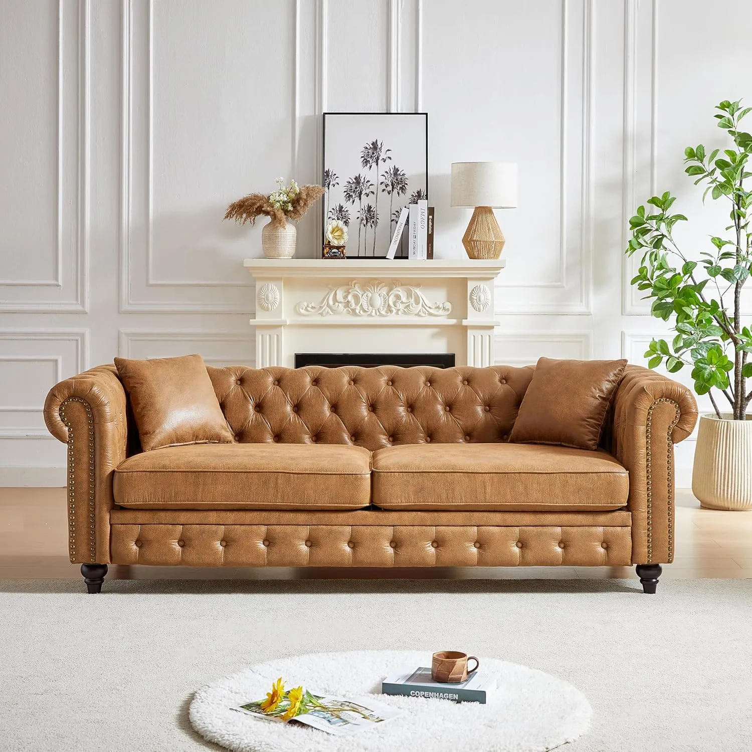 2 Pieces Chesterfield Sofa Sets Nailhead Decor Faux Leather Upholstered Tufted Sectional Sofa&Couch Include 3-Seaters Couch and Loveseat W/Rolled Arms and Wood Legs for Living Room Furniture Sets
