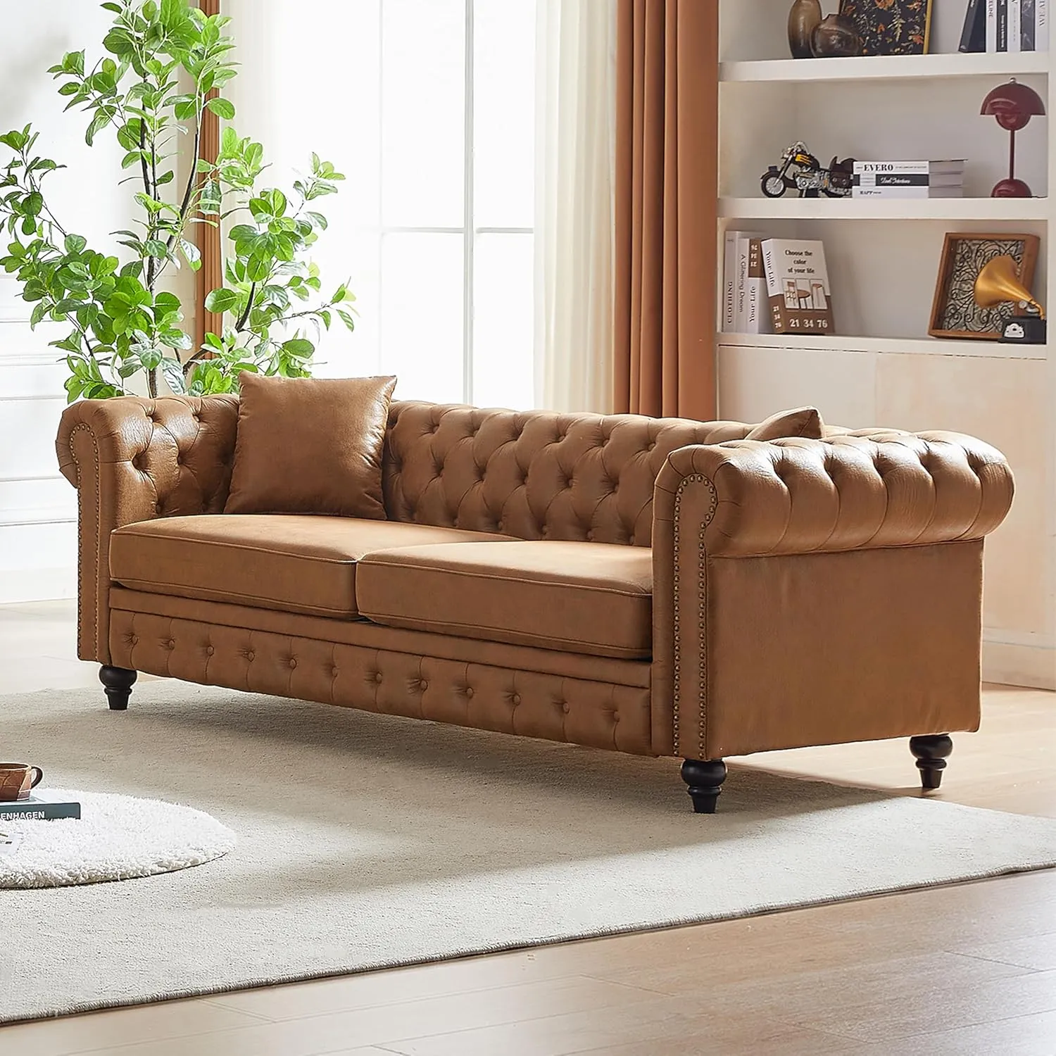 2 Pieces Chesterfield Sofa Sets Nailhead Decor Faux Leather Upholstered Tufted Sectional Sofa&Couch Include 3-Seaters Couch and Loveseat W/Rolled Arms and Wood Legs for Living Room Furniture Sets