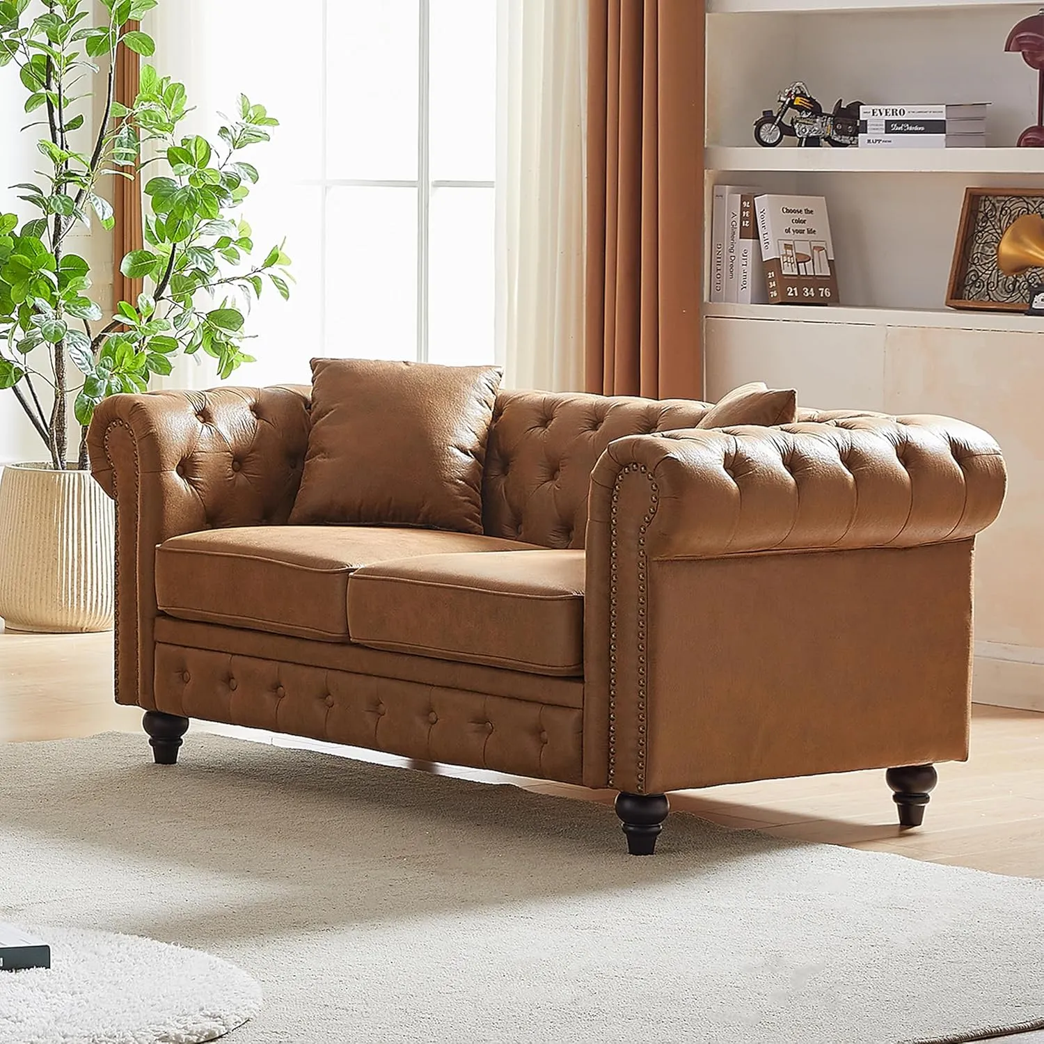 2 Pieces Chesterfield Sofa Sets Nailhead Decor Faux Leather Upholstered Tufted Sectional Sofa&Couch Include 3-Seaters Couch and Loveseat W/Rolled Arms and Wood Legs for Living Room Furniture Sets