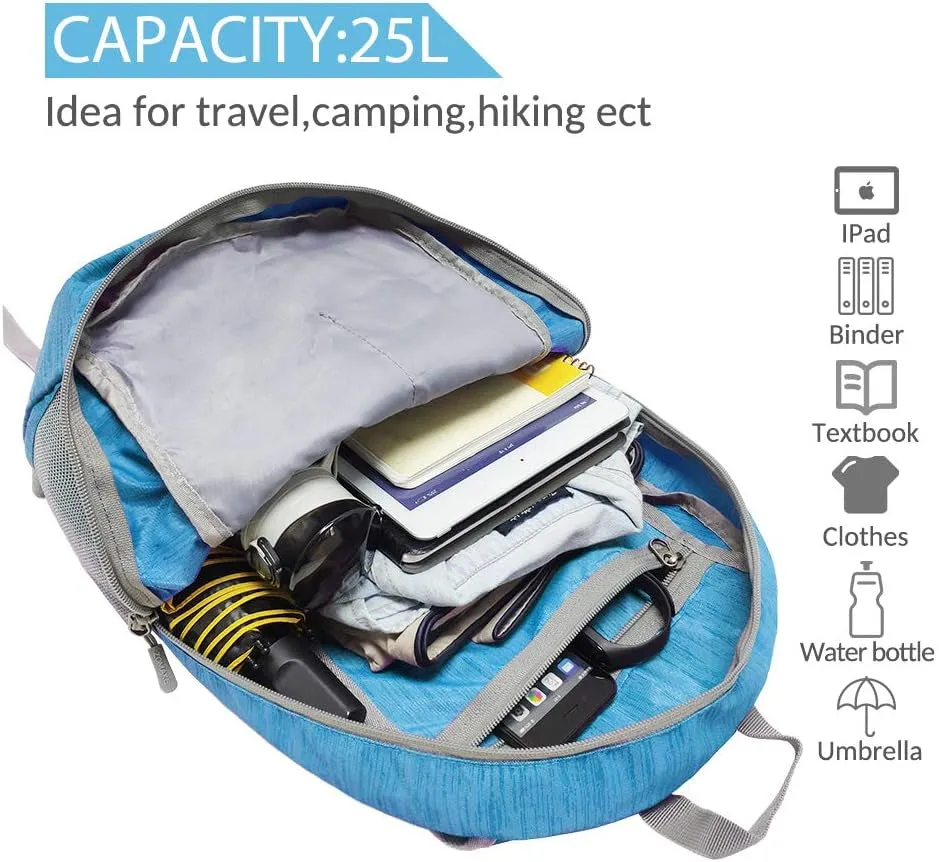 25L Ultra Lightweight Packable Backpack, Foldable Hiking Backpacks Water Resistant Small Folding Daypack for Travel(Light Blue)