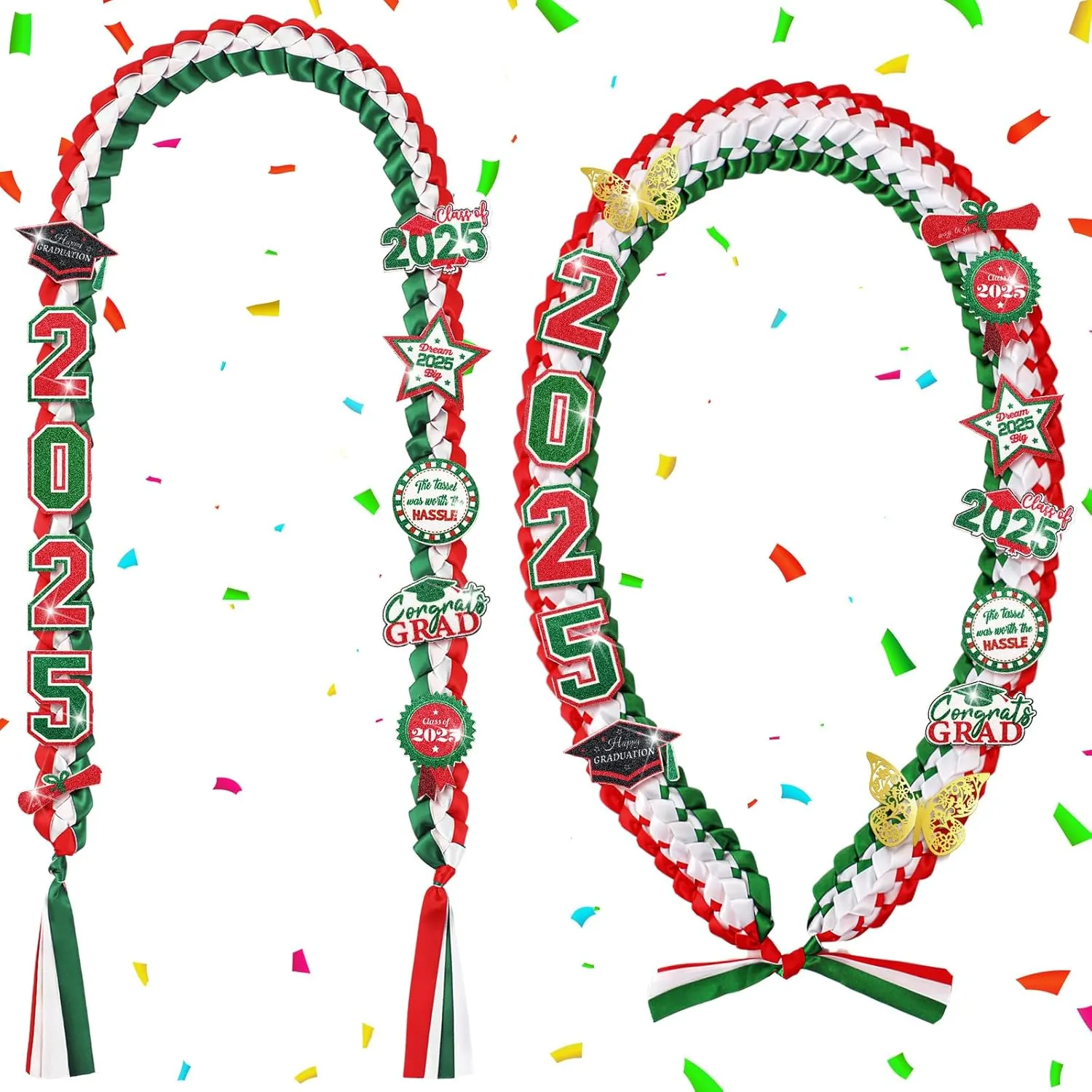 2pcs Graduation Leis Class of 2025 Mexican Money Ribbon Leis for Graduation Necklace with Glittery Pins Braided Ribbon Garland for Grad Gift High School University Ceremony DIY Decor