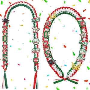 2pcs Graduation Leis Class of 2025 Mexican Money Ribbon Leis for Graduation Necklace with Glittery Pins Braided Ribbon Garland for Grad Gift High School University Ceremony DIY Decor