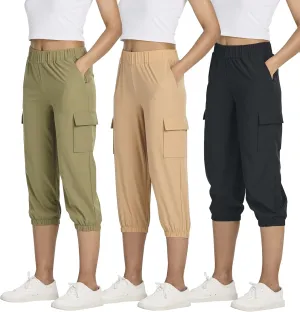 3 Pack:Women's Woven Cargo Capri Jogger Pants Tactical Hiking 5 Pockets Water Resistant Quick Dry Active Pockets Drawstring