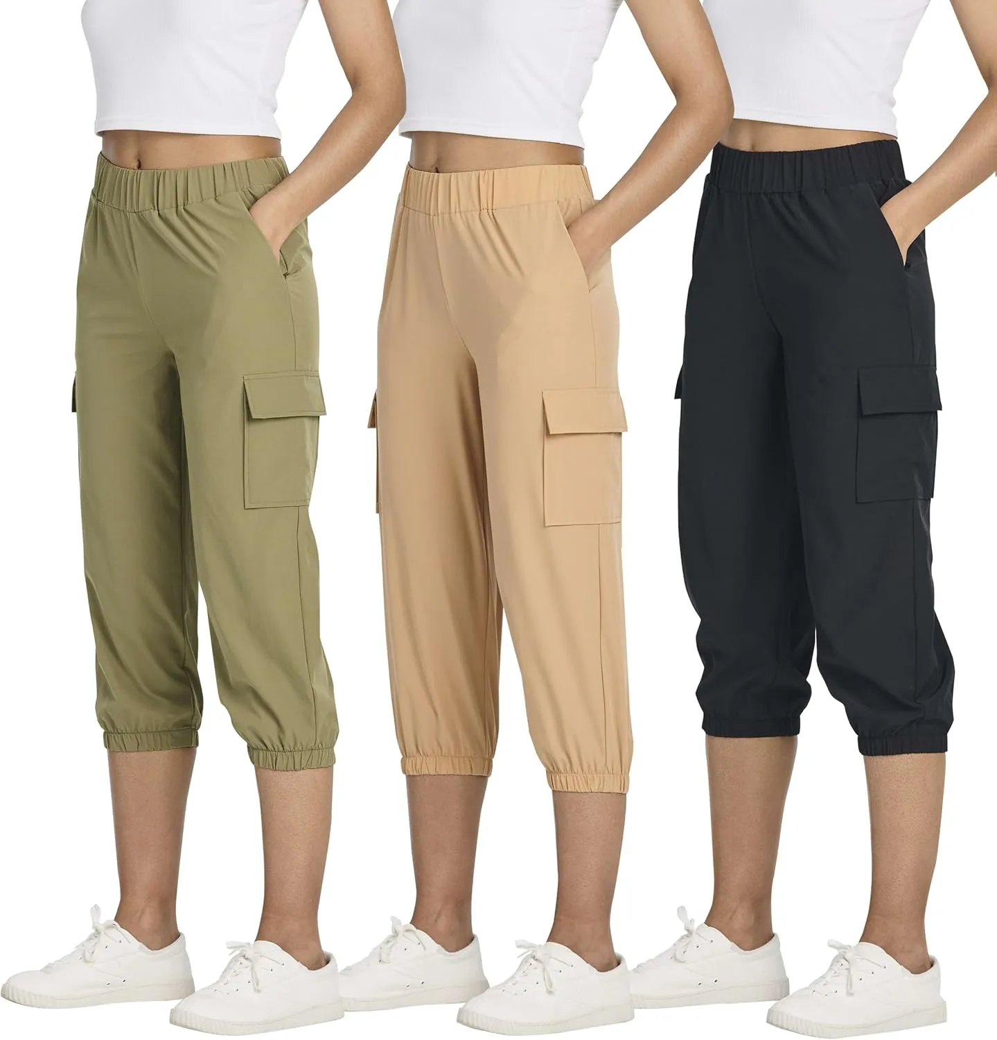 3 Pack:Women's Woven Cargo Capri Jogger Pants Tactical Hiking 5 Pockets Water Resistant Quick Dry Active Pockets Drawstring