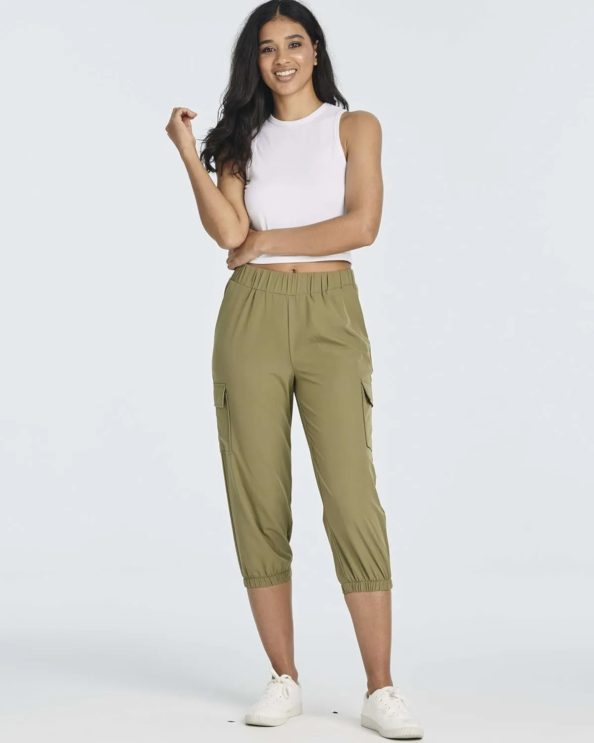 3 Pack:Women's Woven Cargo Capri Jogger Pants Tactical Hiking 5 Pockets Water Resistant Quick Dry Active Pockets Drawstring