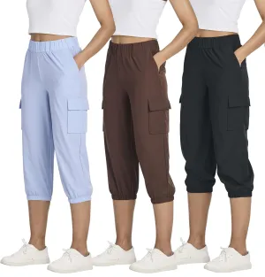 3 Pack:Women's Woven Cargo Capri Jogger Pants Tactical Hiking 5 Pockets Water Resistant Quick Dry Active Pockets Drawstring