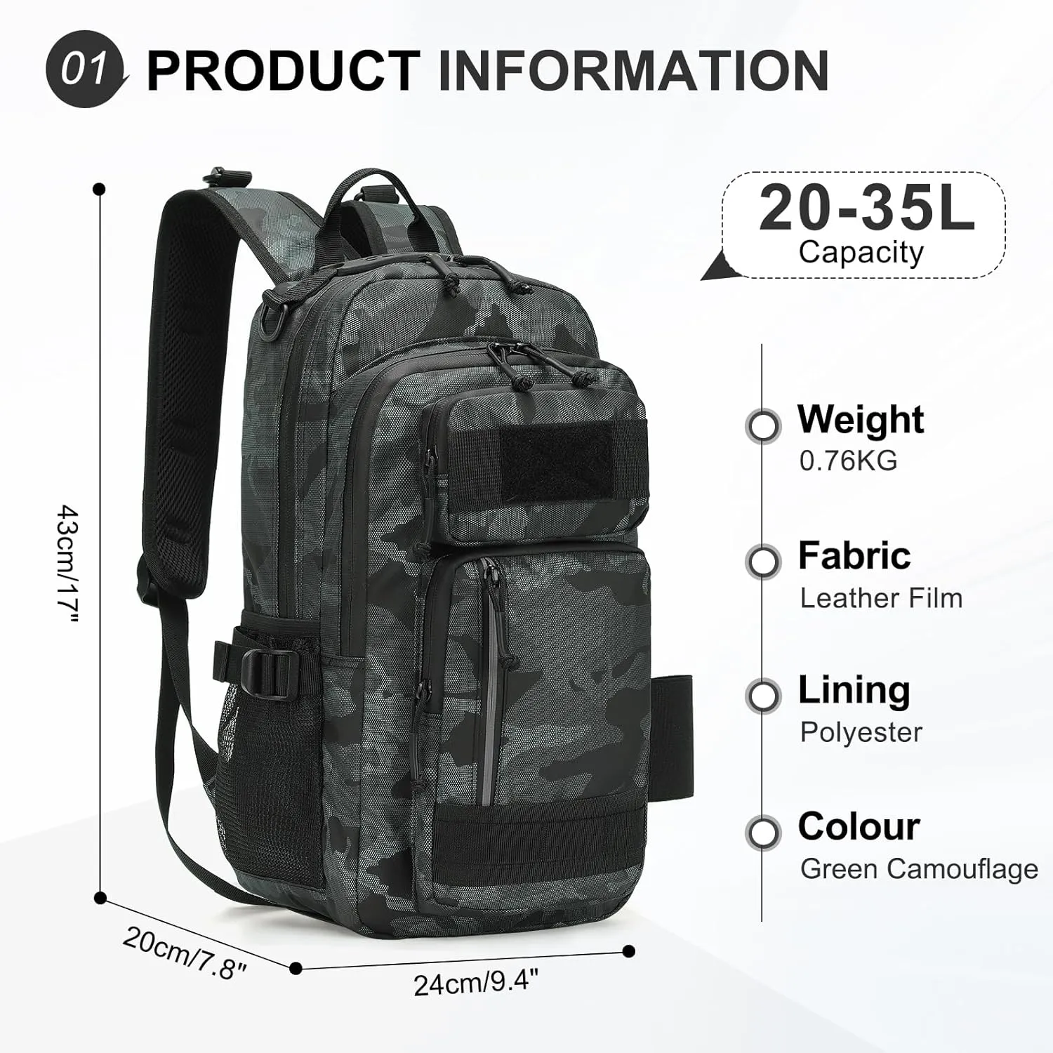 30L Hiking Backpack for Men, Waterproof Rucksack Every Day Carry Daypack Attachments Adapter Strap, Bookbag Leather Film for Camping Trekking Hunting Hiking, Dark Camouflage