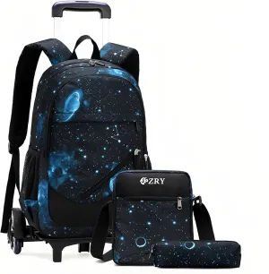 3Pcs Black Galaxy Primary Middle School Bag Rolling Backpack Set for Elementary Boys Wheeled Bookbag with Six Wheels