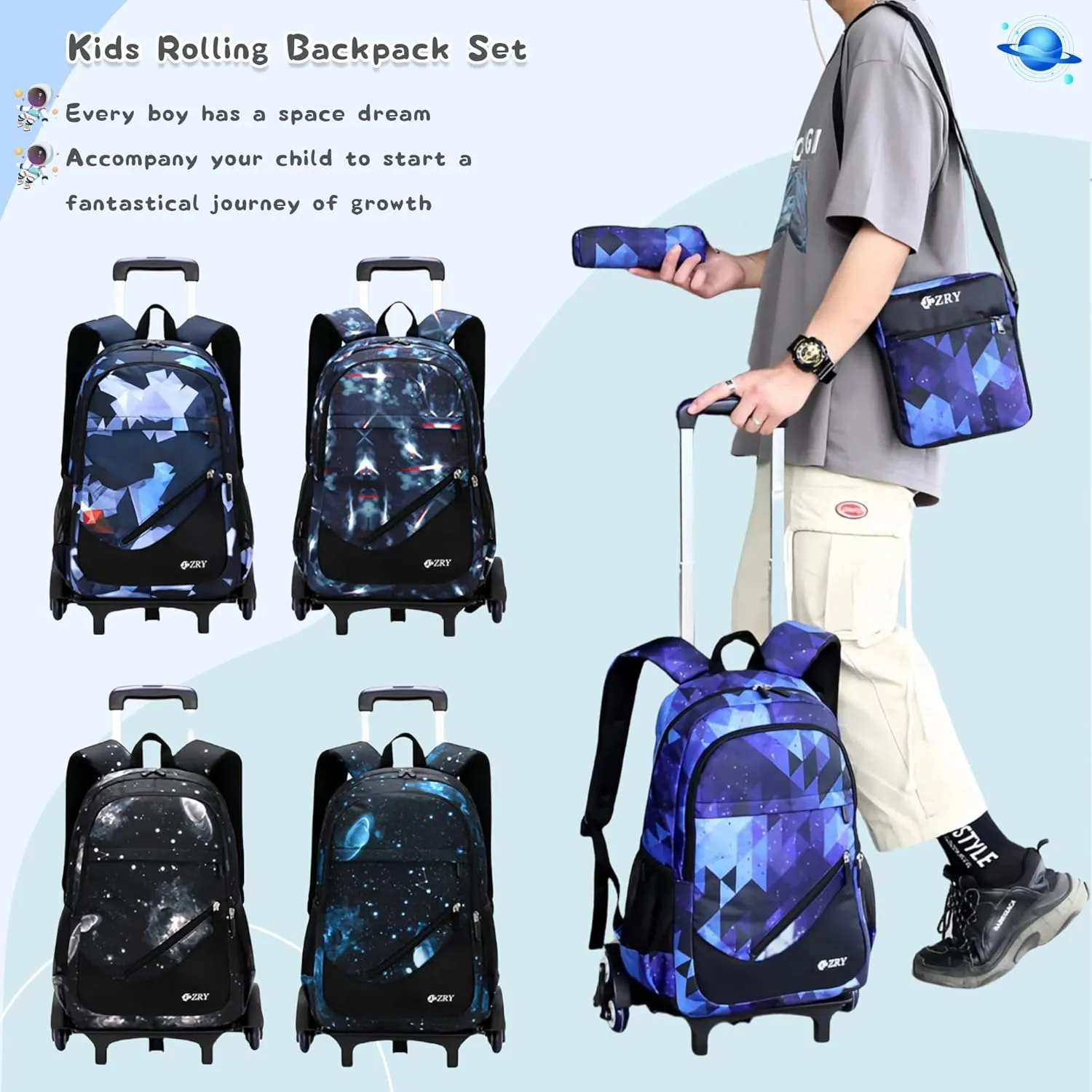 3Pcs Black Galaxy Primary Middle School Bag Rolling Backpack Set for Elementary Boys Wheeled Bookbag with Six Wheels