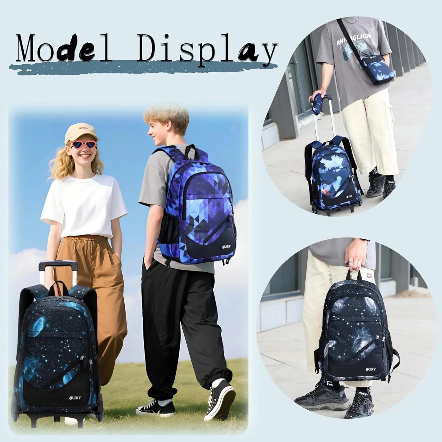 3Pcs Black Galaxy Primary Middle School Bag Rolling Backpack Set for Elementary Boys Wheeled Bookbag with Six Wheels
