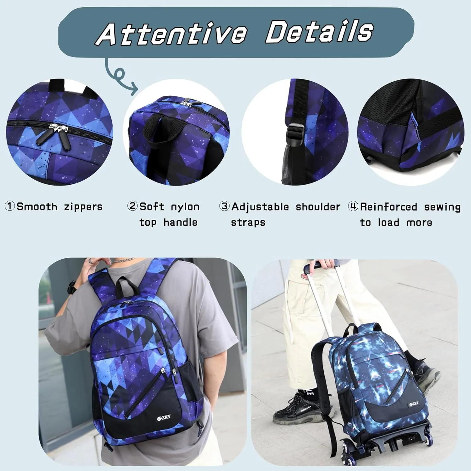 3Pcs Black Galaxy Primary Middle School Bag Rolling Backpack Set for Elementary Boys Wheeled Bookbag with Six Wheels