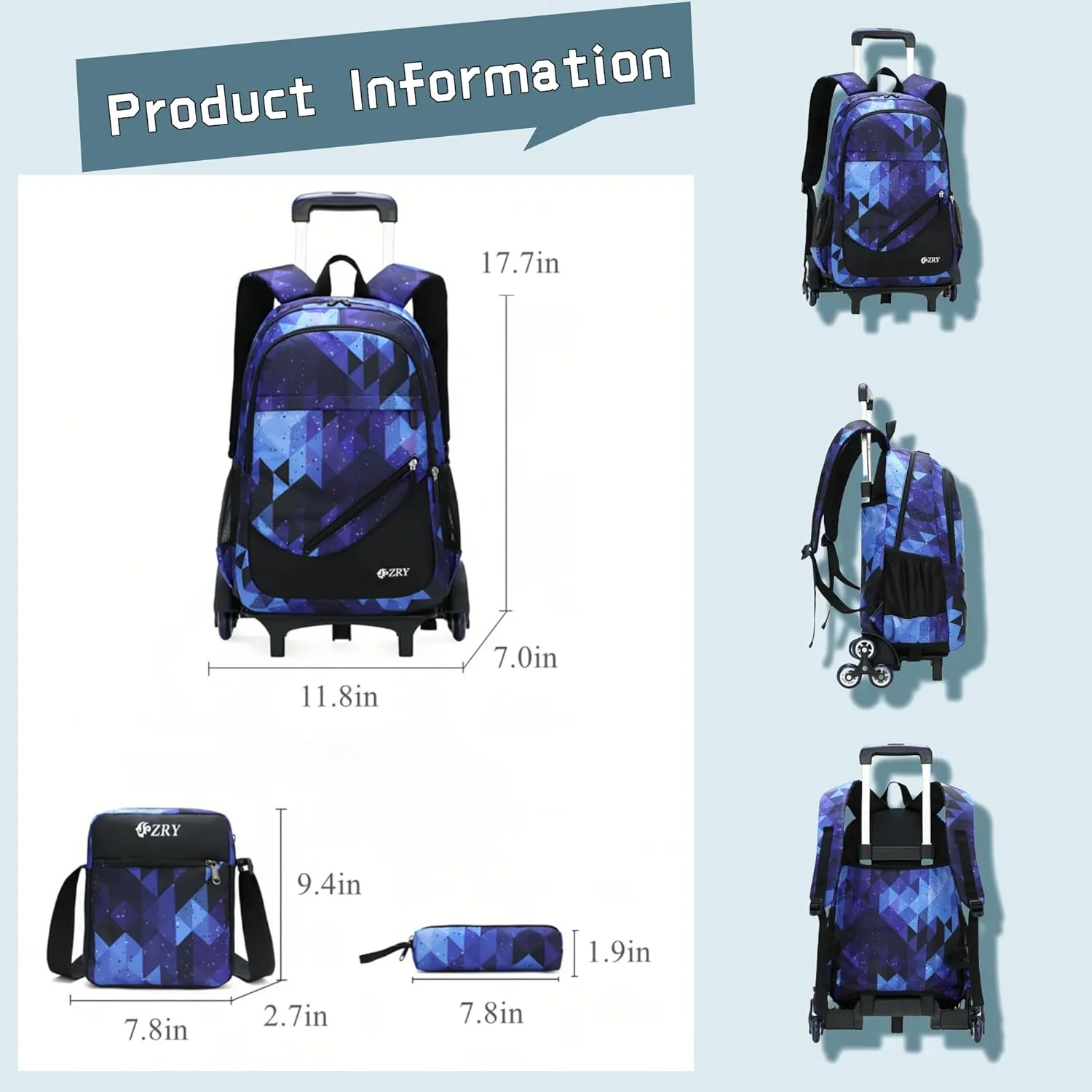 3Pcs Black Galaxy Primary Middle School Bag Rolling Backpack Set for Elementary Boys Wheeled Bookbag with Six Wheels