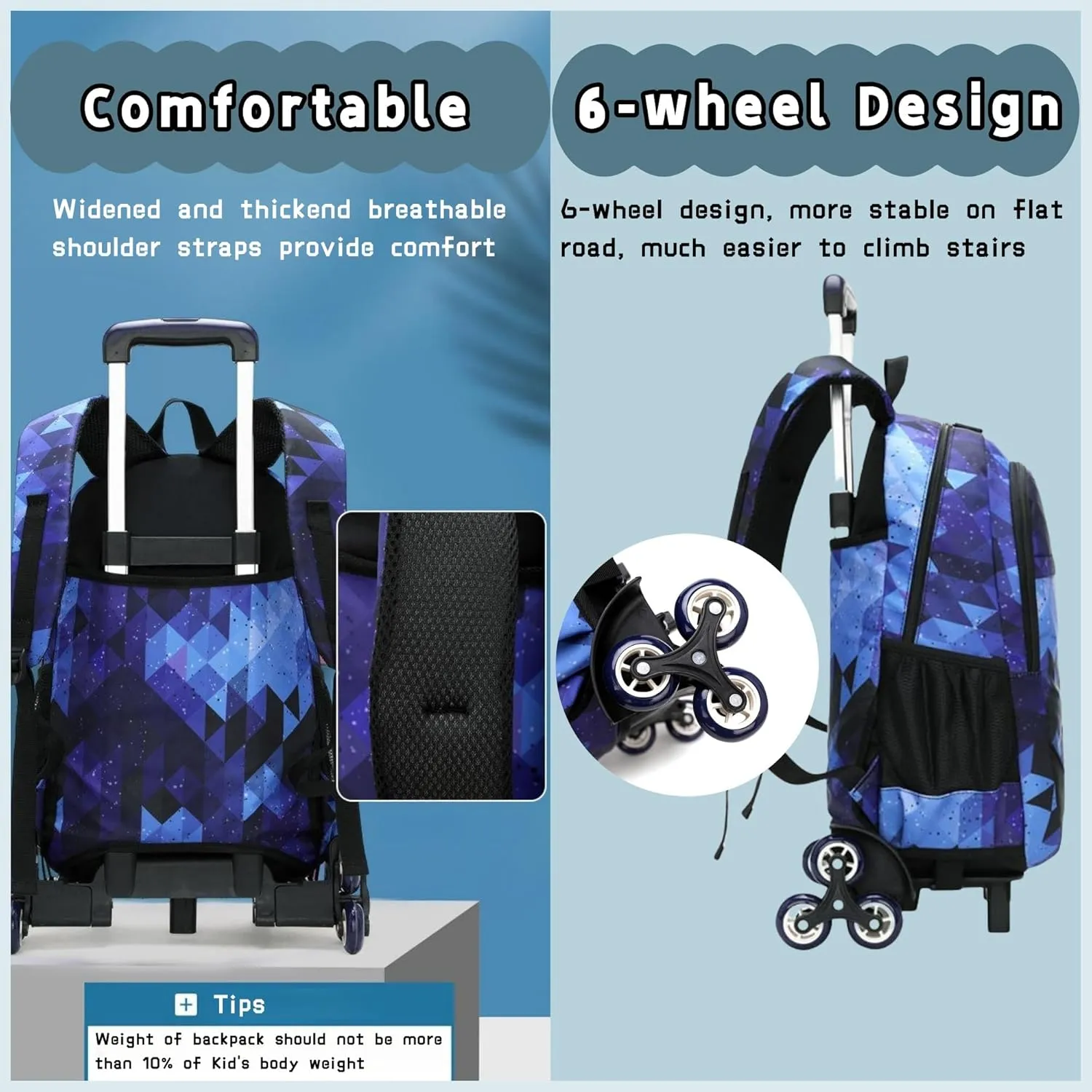 3Pcs Black Galaxy Primary Middle School Bag Rolling Backpack Set for Elementary Boys Wheeled Bookbag with Six Wheels