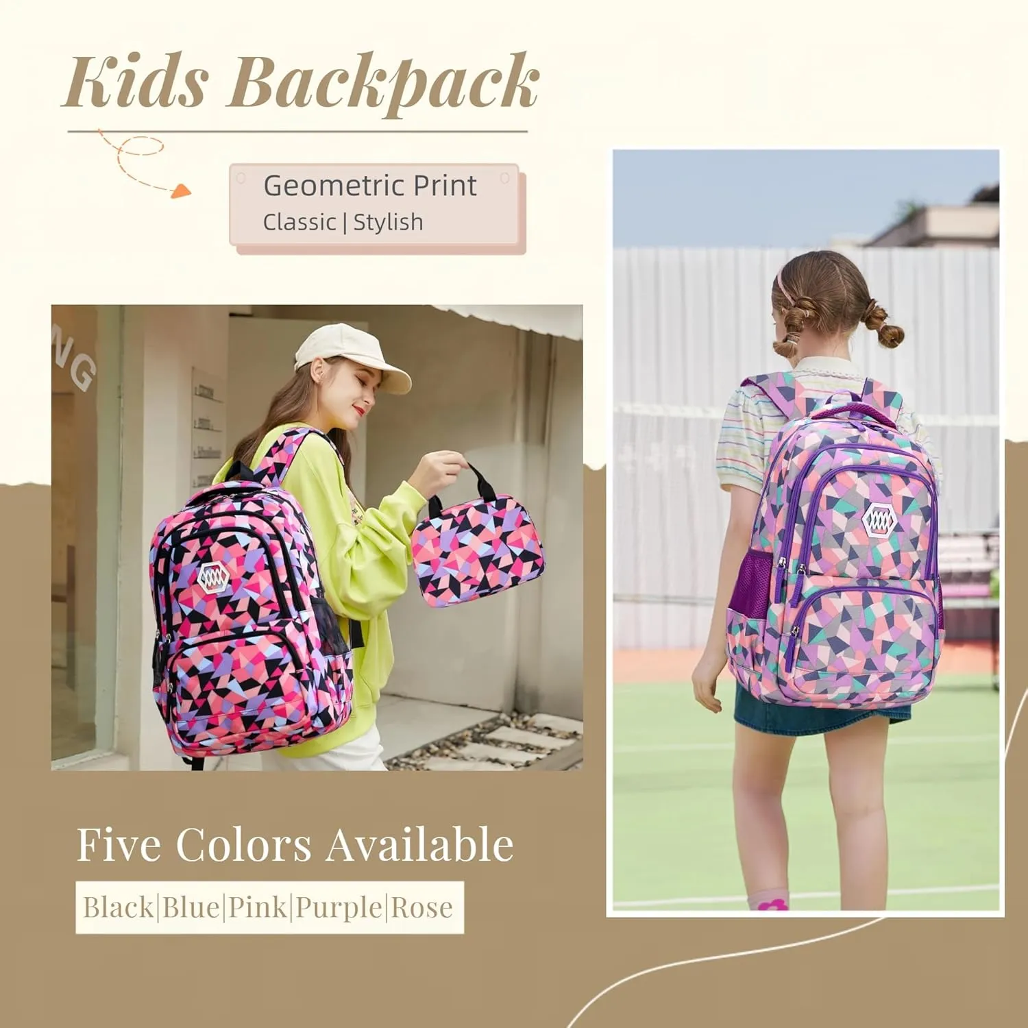 3Pcs Geometric Print Kids Backpack Set for Girls with Lunchbox, Capacity Elementary Middle School Bag Girls Backpack and Lunchbox Set