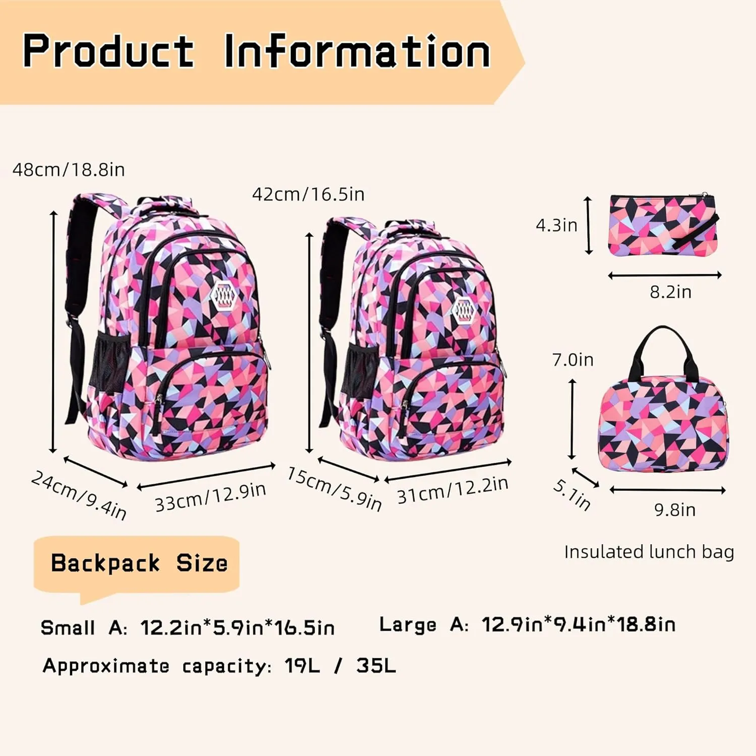 3Pcs Geometric Print Kids Backpack Set for Girls with Lunchbox, Capacity Elementary Middle School Bag Girls Backpack and Lunchbox Set