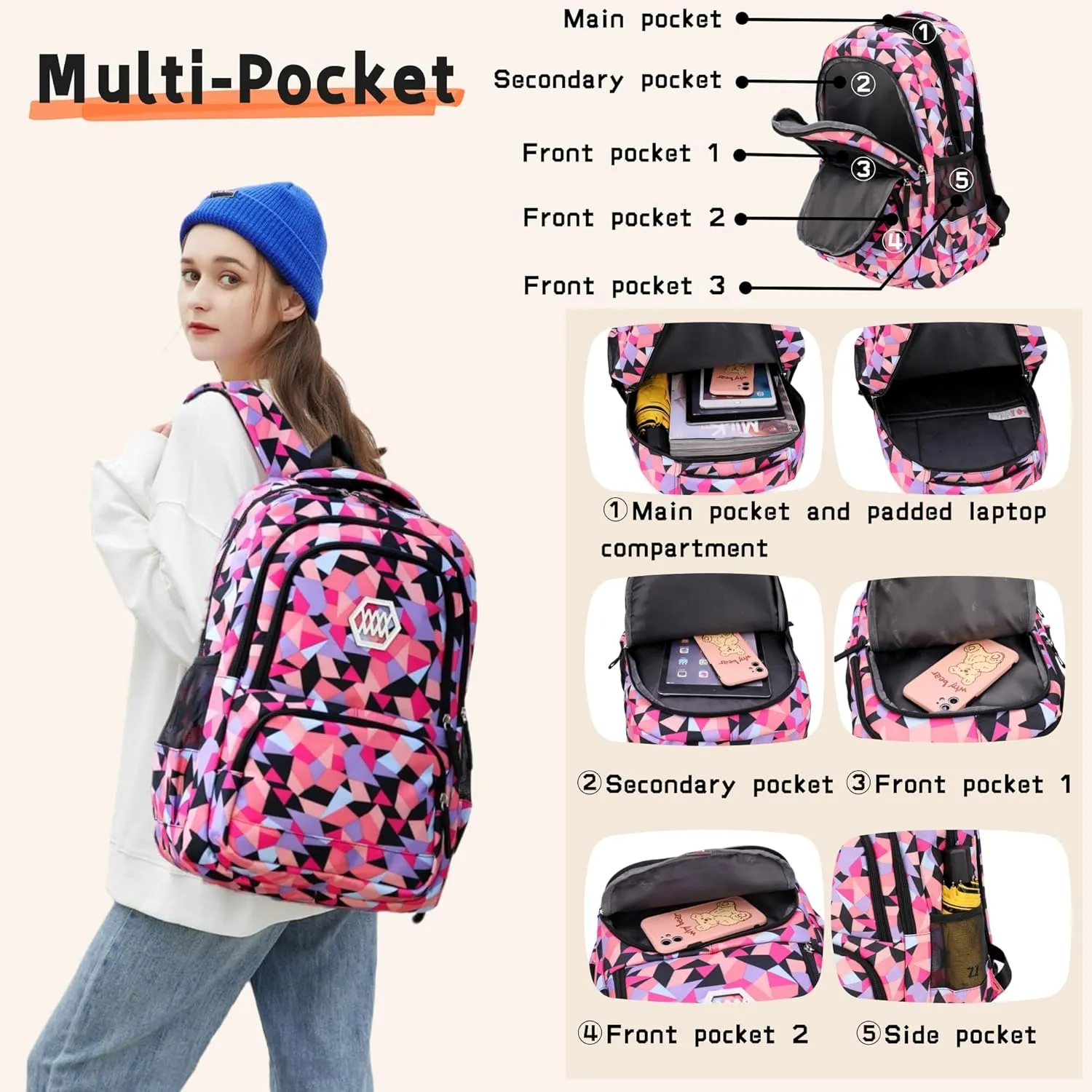 3Pcs Geometric Print Kids Backpack Set for Girls with Lunchbox, Capacity Elementary Middle School Bag Girls Backpack and Lunchbox Set