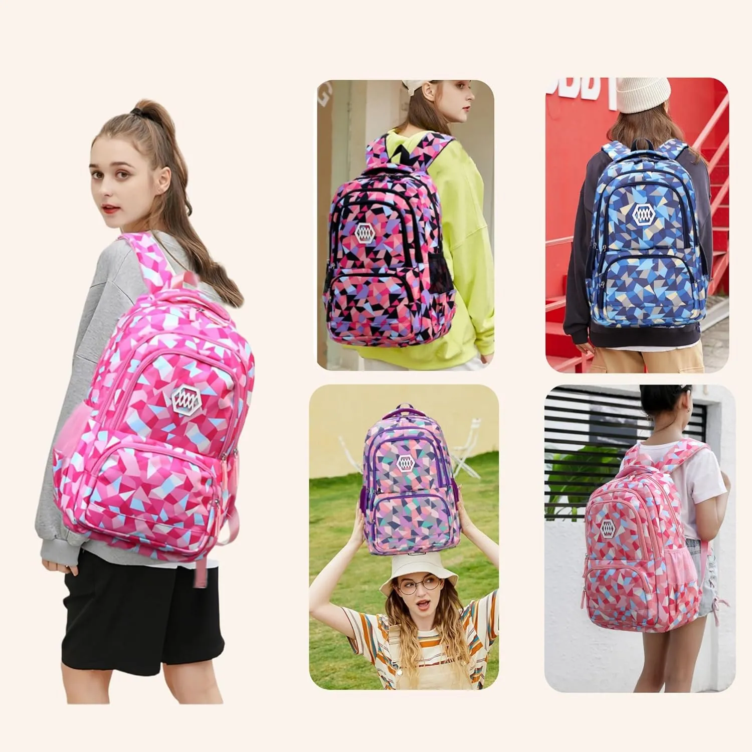3Pcs Geometric Print Kids Backpack Set for Girls with Lunchbox, Capacity Elementary Middle School Bag Girls Backpack and Lunchbox Set
