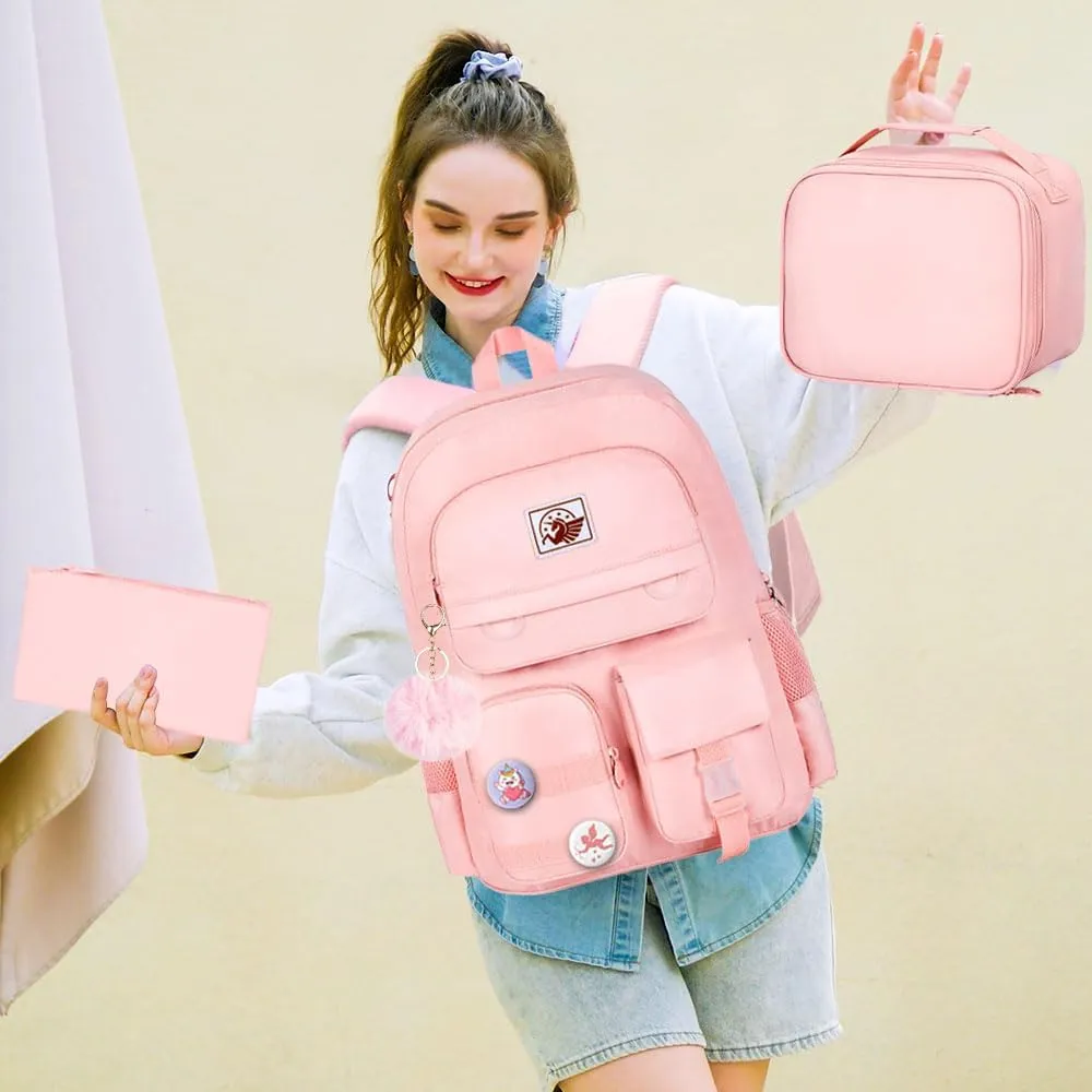 3PCS Laptop Backpack for Girls, Women College School Bookbag, 15.6" Cute Aesthetic Computer Water Resistant Anti Theft School Bags Set for Teens Girls Students - Pink