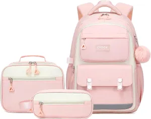 3PCS School Backpack for Girls with Lunch Box Teen Girl Backpack Set Elementary Middle High School Bag Cute Bookbags (Pink 3pcs)
