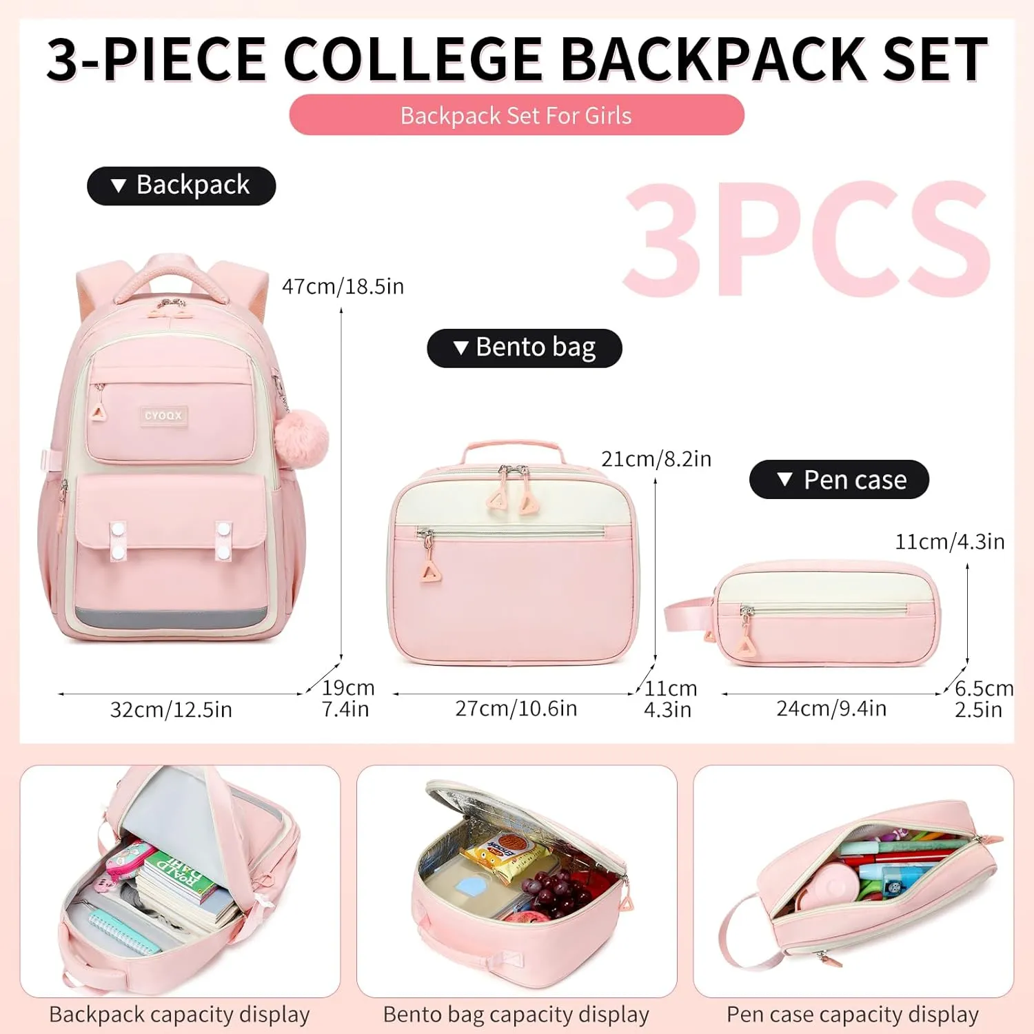 3PCS School Backpack for Girls with Lunch Box Teen Girl Backpack Set Elementary Middle High School Bag Cute Bookbags (Pink 3pcs)