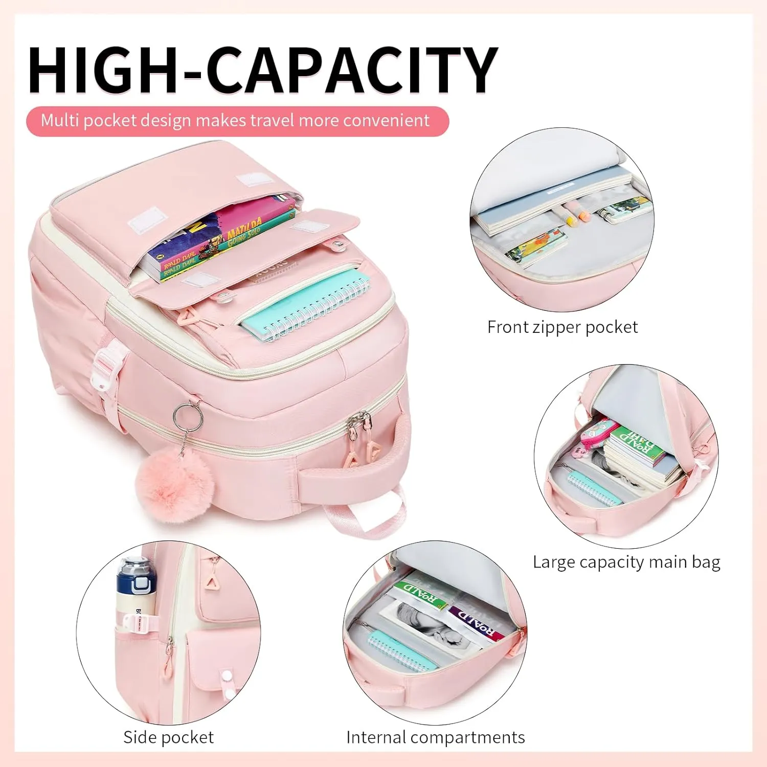3PCS School Backpack for Girls with Lunch Box Teen Girl Backpack Set Elementary Middle High School Bag Cute Bookbags (Pink 3pcs)