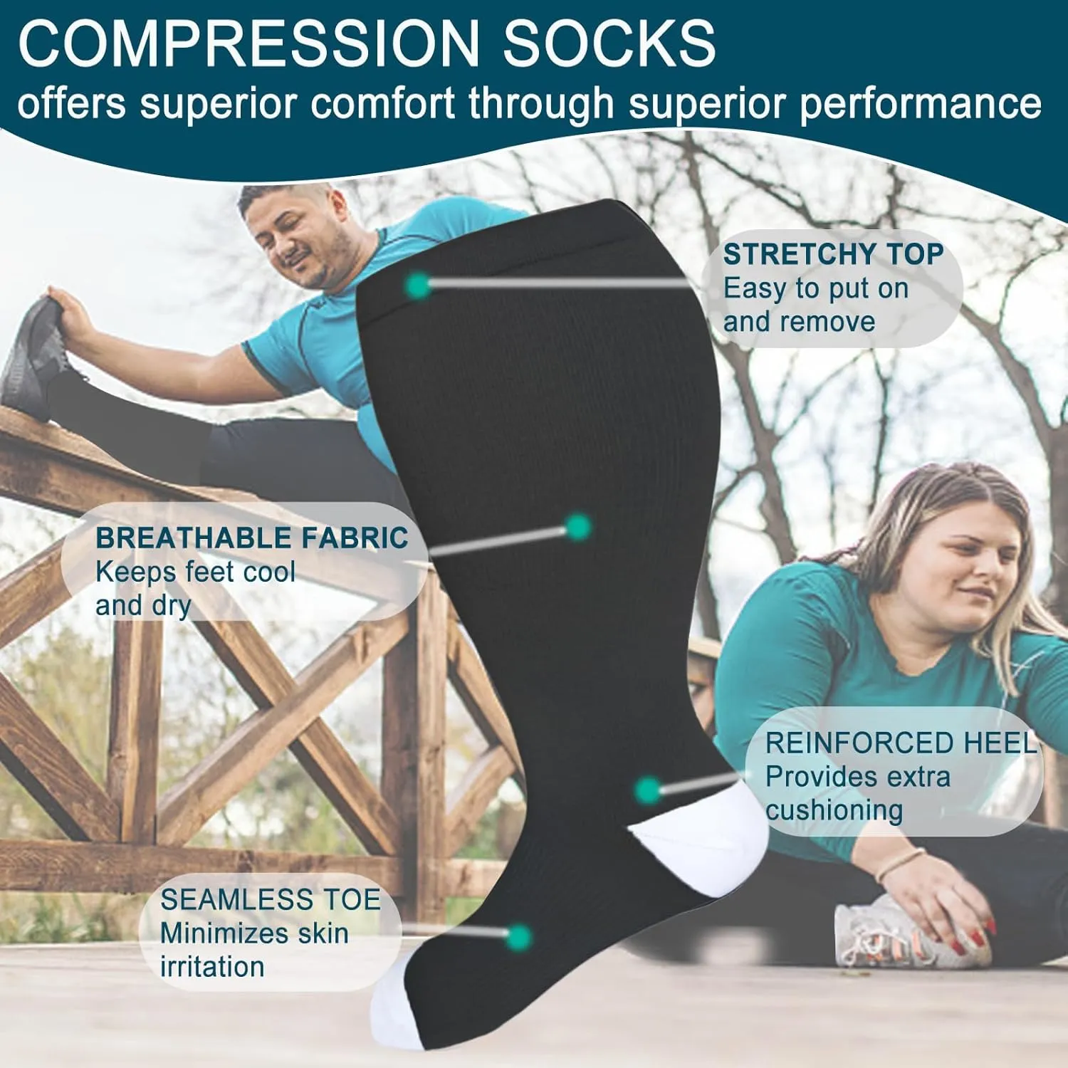 4 Pairs Plus Size Compression Socks for Women and Men 20-30 mmHg, Wide Calf Stockings Best Support for Circulation, Running