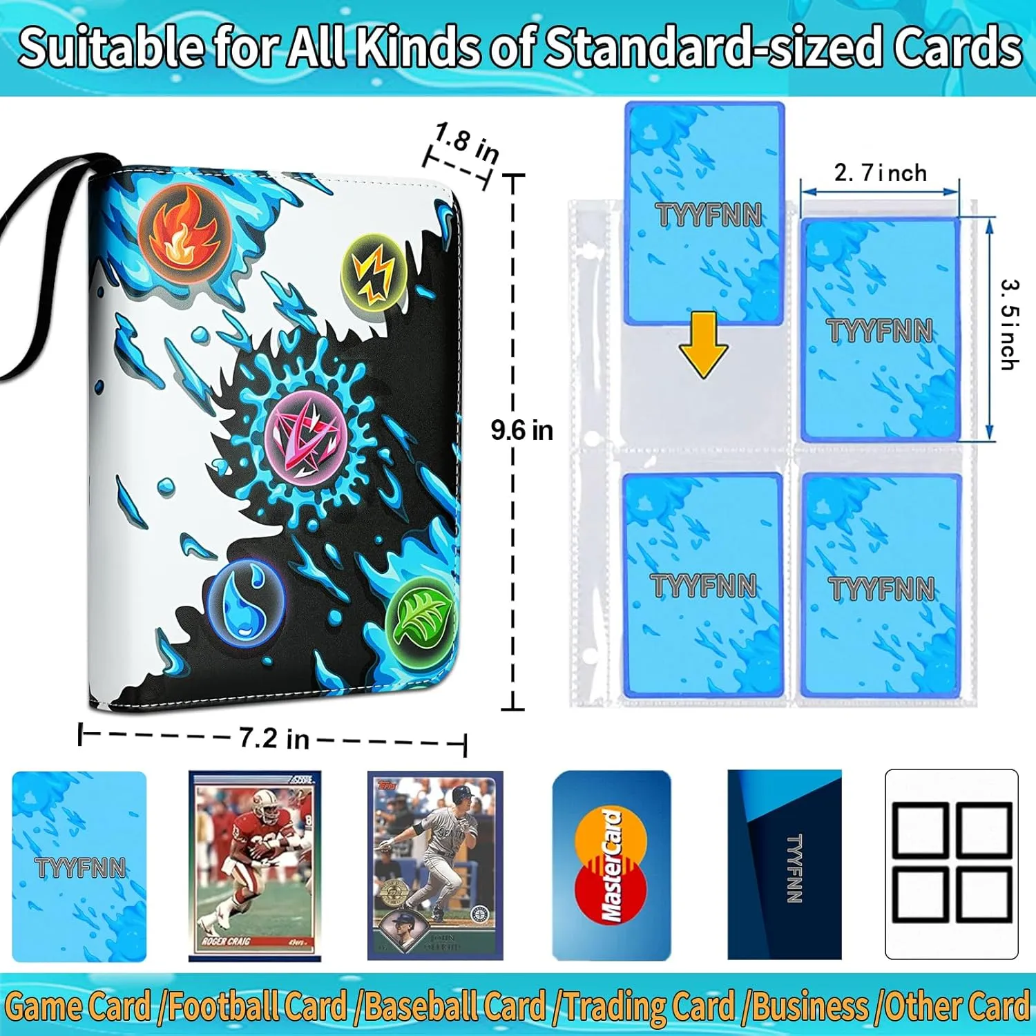 4 Pocket Card Binder for Cards, Double-Sided Card Collection Binder Album Book Case, Trading Card Binder Holder Fits 400 Cards with 50 Removable Sleeves, Toys Gift For Boys Girls Aged 4-16