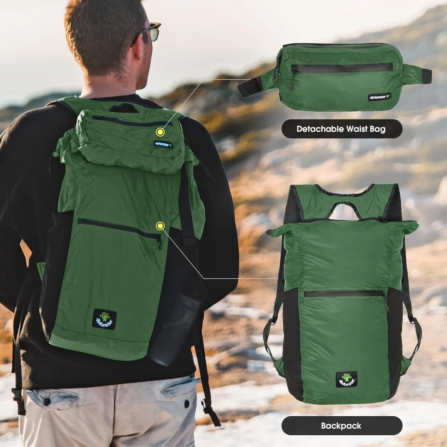 4Monster Hiking Daypack,2 in 1 Water Resistant Lightweight Backpack,Portable Fanny Pack Waist Pack for Travel Camping Outdoor (32L, Army Green)