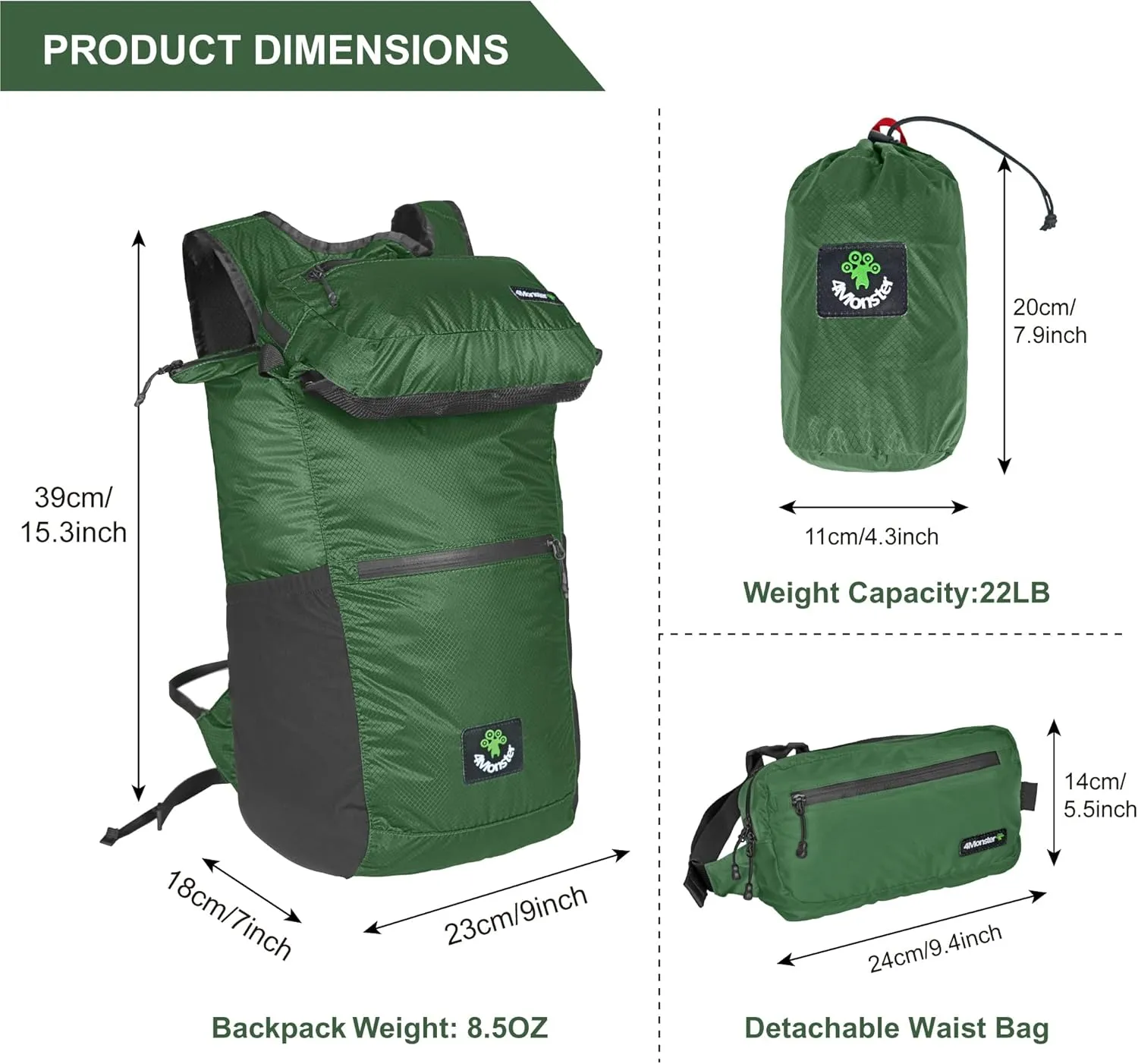 4Monster Hiking Daypack,2 in 1 Water Resistant Lightweight Backpack,Portable Fanny Pack Waist Pack for Travel Camping Outdoor (32L, Army Green)
