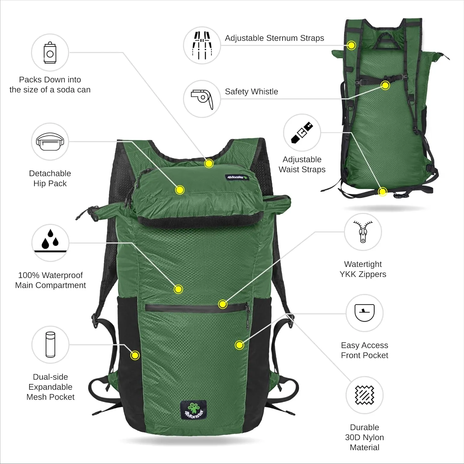 4Monster Hiking Daypack,2 in 1 Water Resistant Lightweight Backpack,Portable Fanny Pack Waist Pack for Travel Camping Outdoor (32L, Army Green)