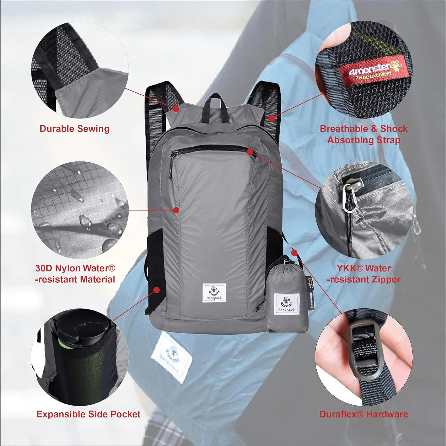 4Monster Hiking Daypack,Water Resistant Lightweight Packable Backpack for Travel Camping Outdoor