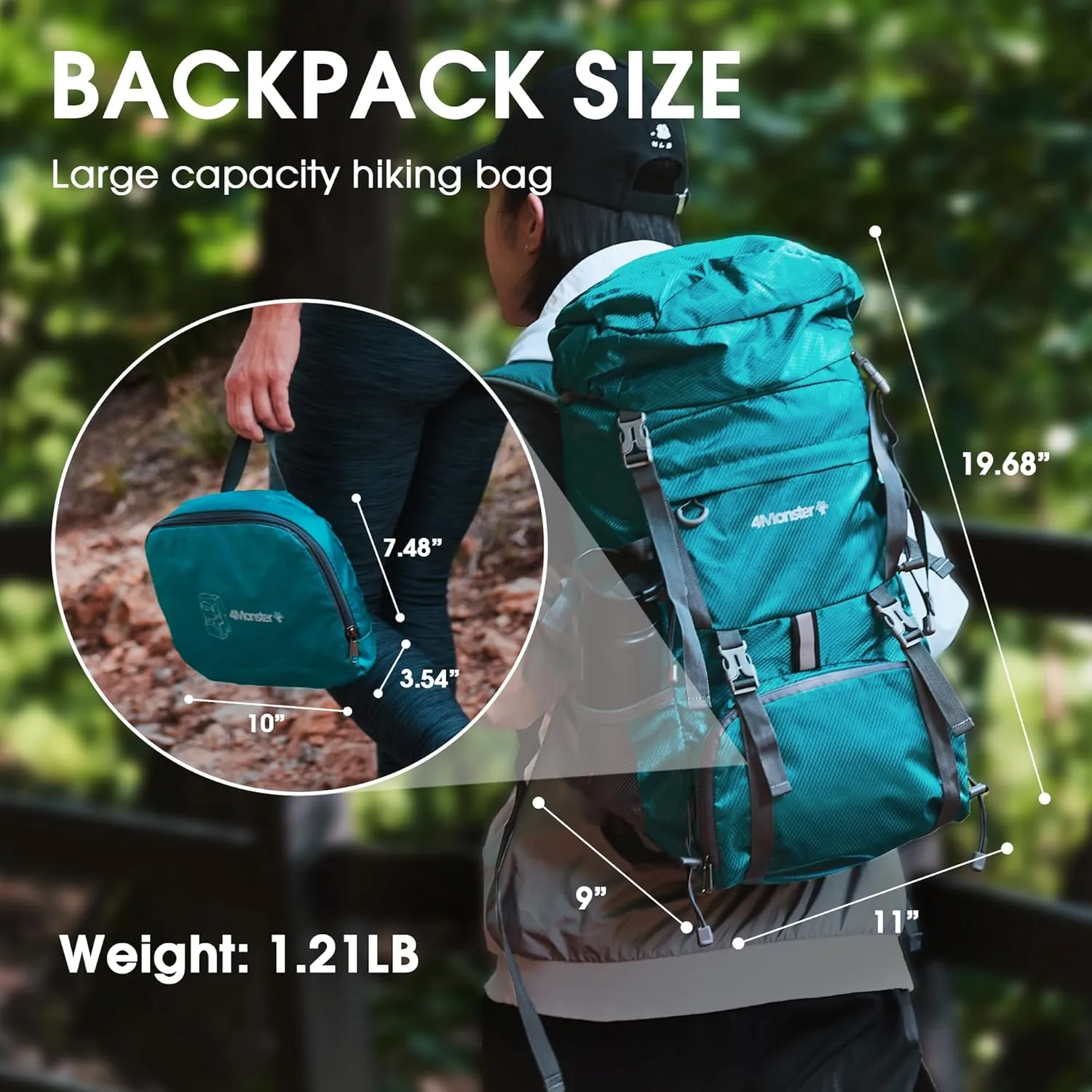 4Monster Portable Hiking Backpack,Lightweight Packable Hiking Daypack,Water Resistant Carry on Backpack for Travel Camping Outdoor (32L, Green)