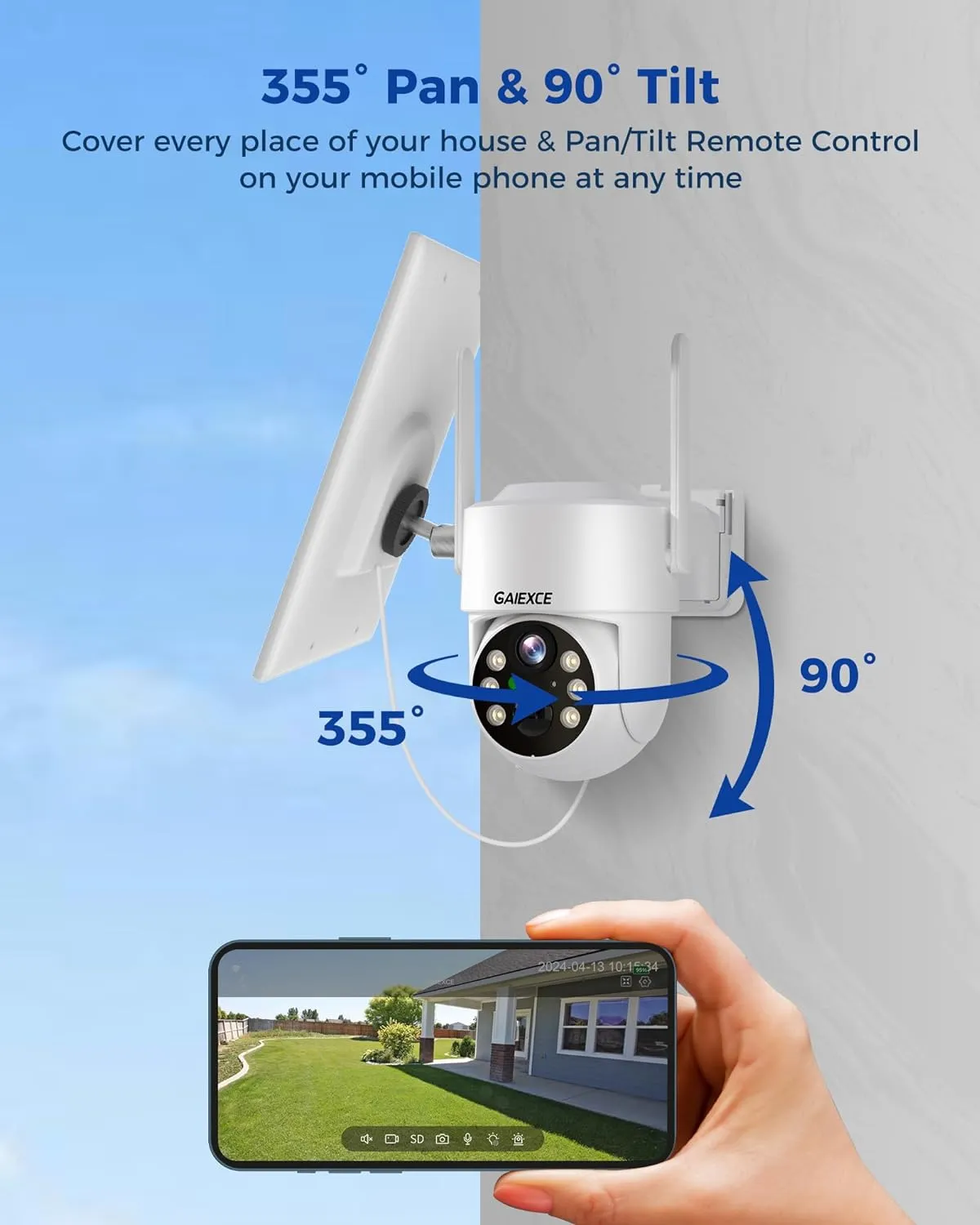4MP Solar Security Cameras Wireless Outdoor, 100% Wire-Free, Battery Powered Camera, 360° View, PIR Motion Detection, 2-Way Audio, Cloud/SD, Color Night Vision & Spotlights, Only 2.4G WiFi