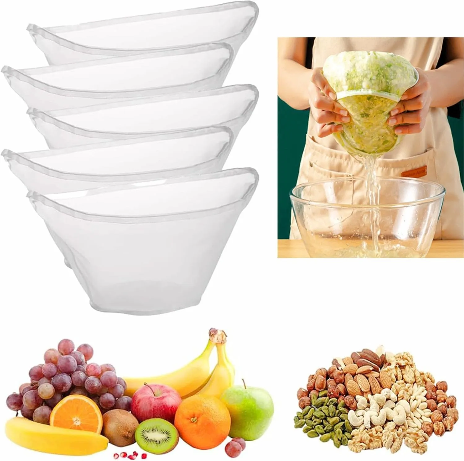 5PCS Cheese Cloth Bags for Straining, Bowl-shaped reusable nylon cheese cloth filter bag, fine mesh multi-purpose food filter bag, suitable for nut milk, juice, soy milk, dumpling fillings. (Large)