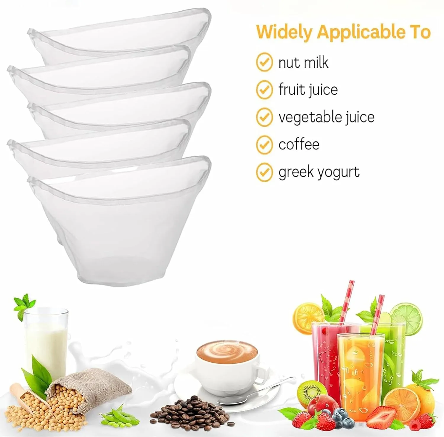 5PCS Cheese Cloth Bags for Straining, Bowl-shaped reusable nylon cheese cloth filter bag, fine mesh multi-purpose food filter bag, suitable for nut milk, juice, soy milk, dumpling fillings. (Medium)