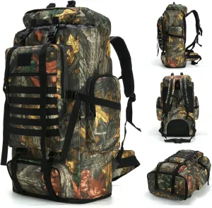 70L/100L Hiking Camping Backpack MOLLE Rucksack Waterproof Traveling Daypack Durable High-Performance Backpack for Backpacking (Leaf camo, 70L/100L)