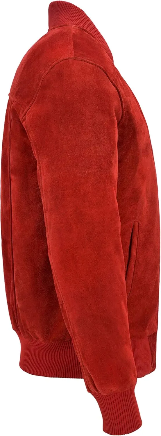 70's Mens Real Leather Jacket Red Suede Retro Bomber Classic Biker Style 275-P