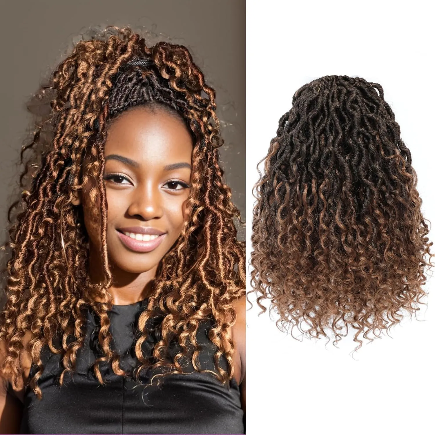 8 Packs Curly Faux Locs Crochet Hair 10 Inch Ombre Goddess Locs Crochet Braids with Curly End Pre-looped River Locs Hippie Locs Boho Style Hair Extensions(#T1B/30)