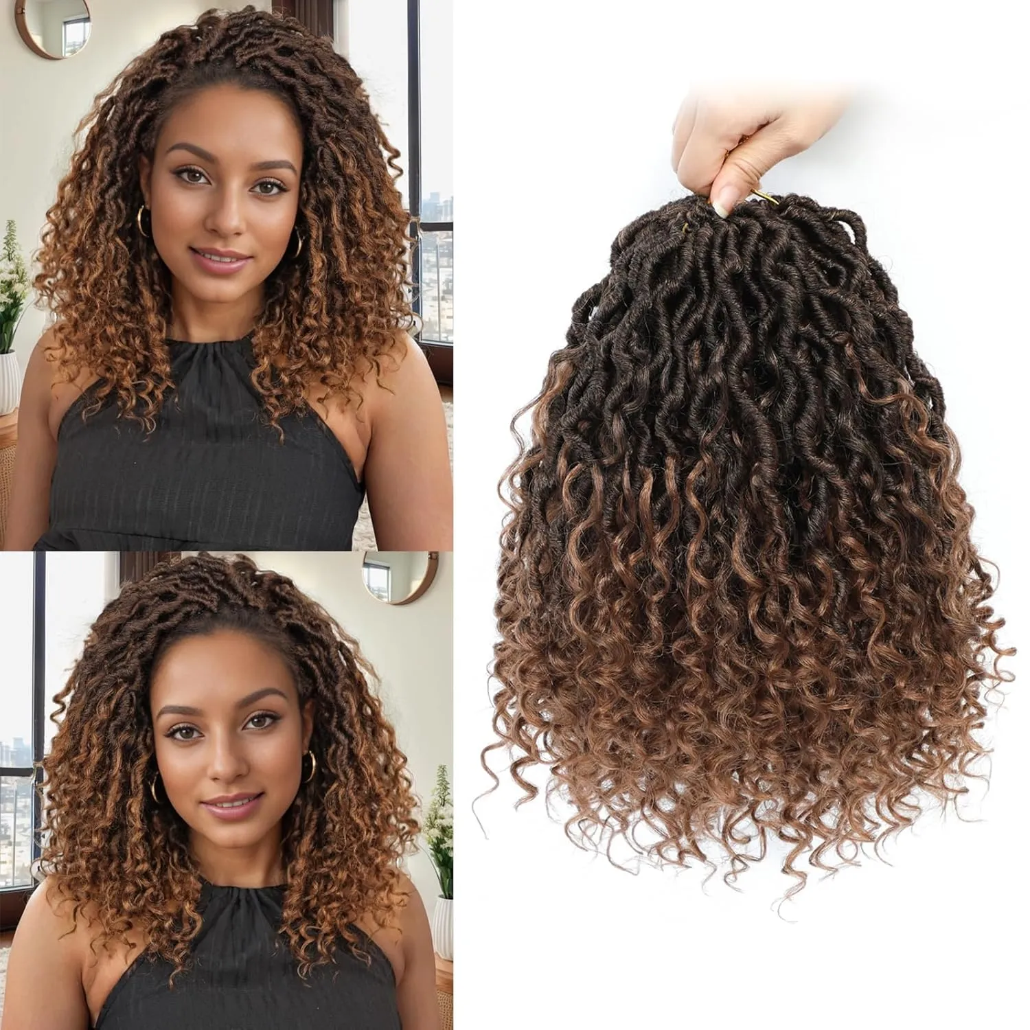8 Packs Curly Faux Locs Crochet Hair 10 Inch Ombre Goddess Locs Crochet Braids with Curly End Pre-looped River Locs Hippie Locs Boho Style Hair Extensions(#T1B/30)