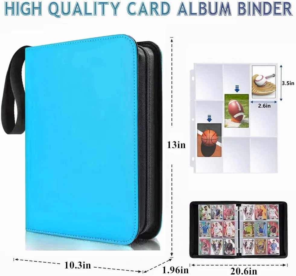 9 Pocket Trading Card Binder, 900 Pockets Basketball Binder for MTG, Top Loading Collector Album, PU Leather Folder for Game and Sports Cards (Blue)